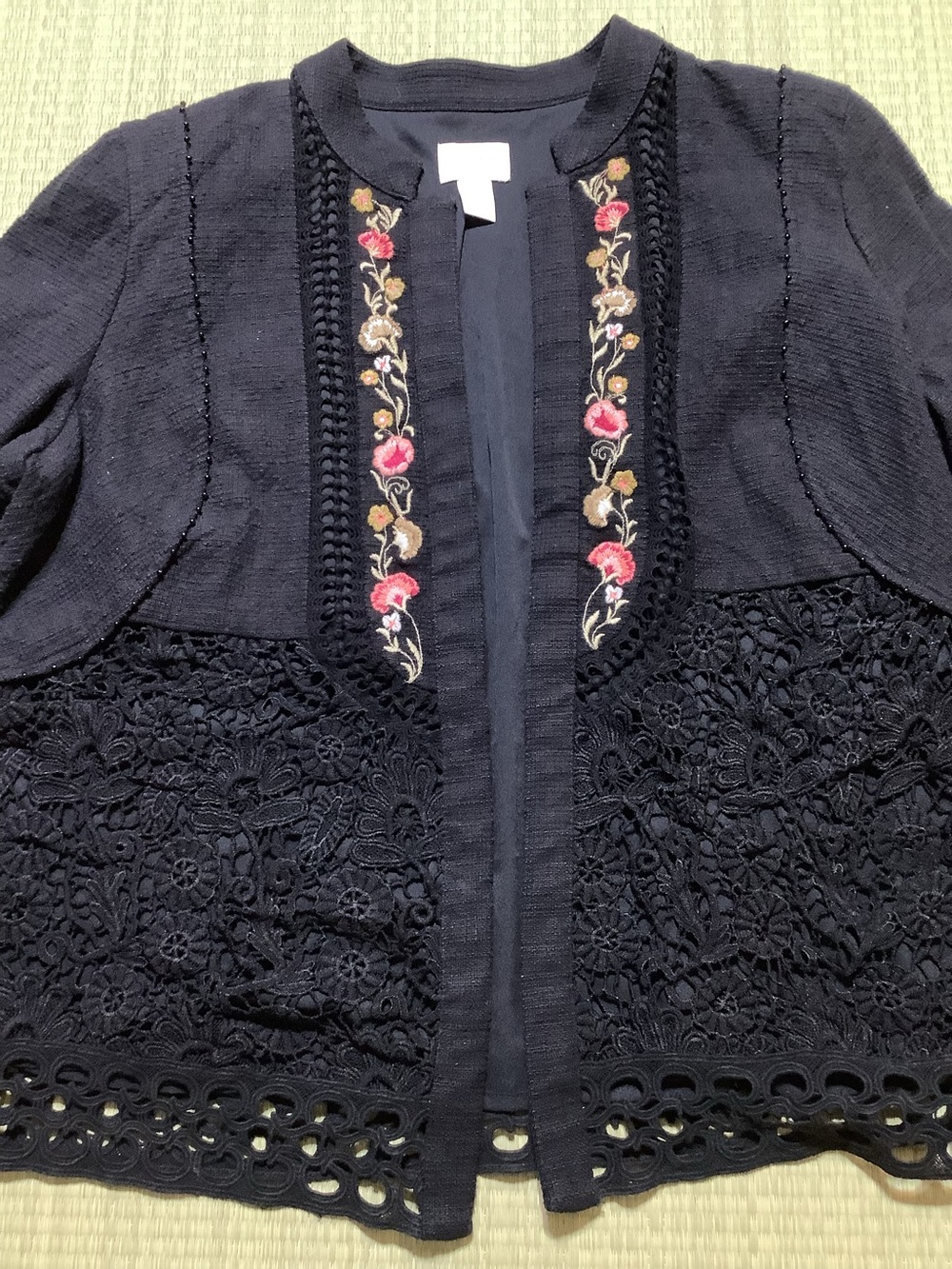 Chicos Black Crochet & Embroidered Open Cardigan Jacket Floral Accents